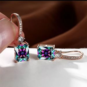 Rose gold 585 filled emerald cut alexandrite and crystal drop luxury earrings